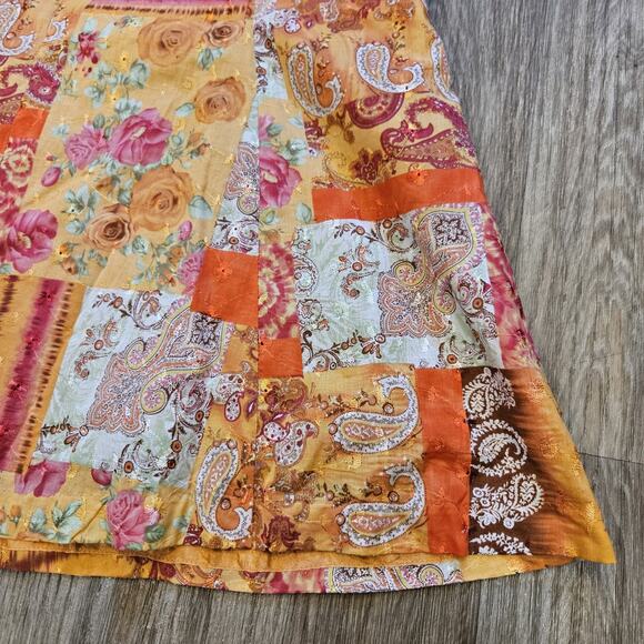 Vtg Patchwork Midi Skirt Women 14 Orange Floral Paisley Embroidered Hippie Retro - Picture 3 of 10